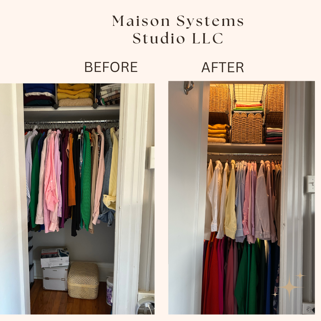 Before and after — reach-in closet organized by Maison Systems Studio LLC using The Square Inch Method